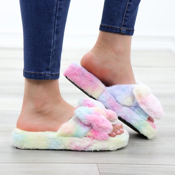 Bow Tie Furry Slip On Tie Dye Slippers - Picture 3 of 16